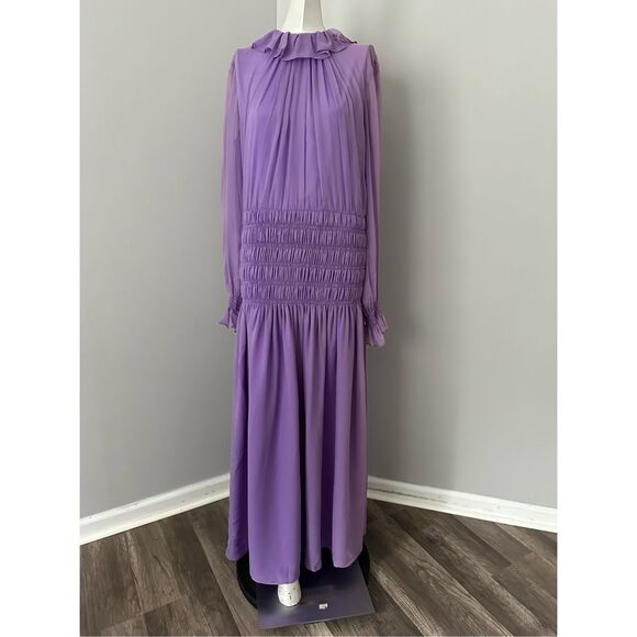 Adam Lippes Semi Sheer Silk Chiffon Ruffle Long-Sleeve Midi Dress Violet 10 $289 - Picture 4 of 14